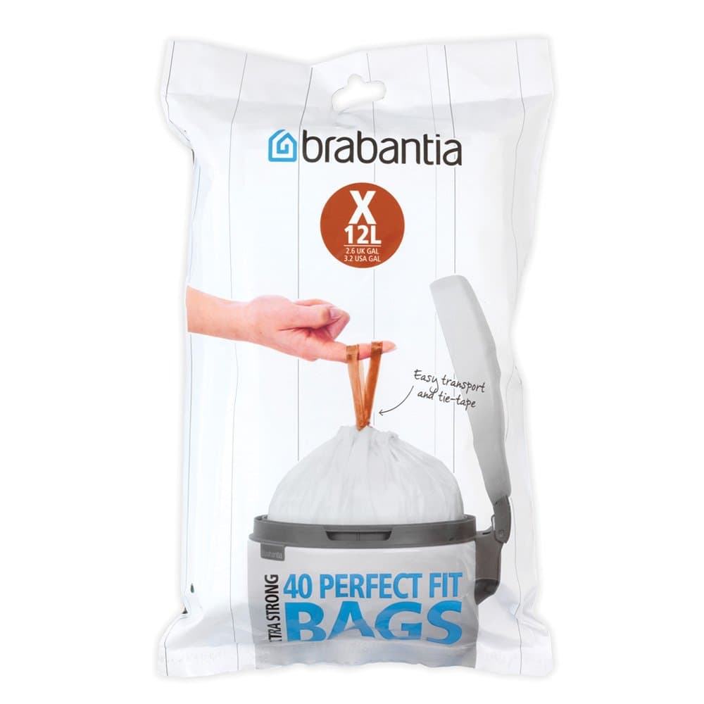 Brabantia PerfectFit Bags, Dispenser,X,10-12L,40pcs, 10 Litre/Size X, White, 40 Count