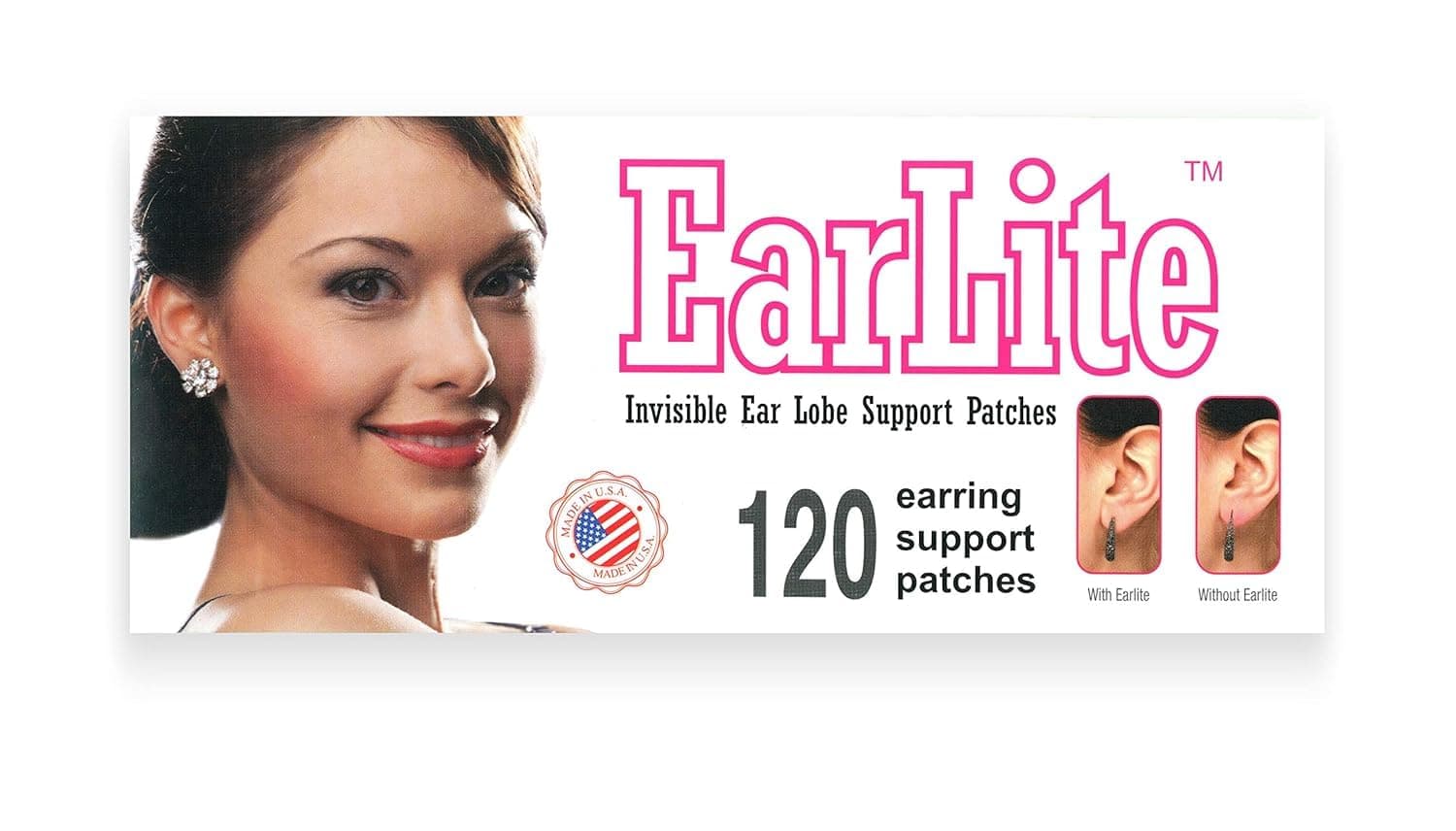 EarLite 120 (60 Ea X 2 packs) Invisible Earring Ear Support Waterproof Patches in ZipLock Pouch - Made in USA