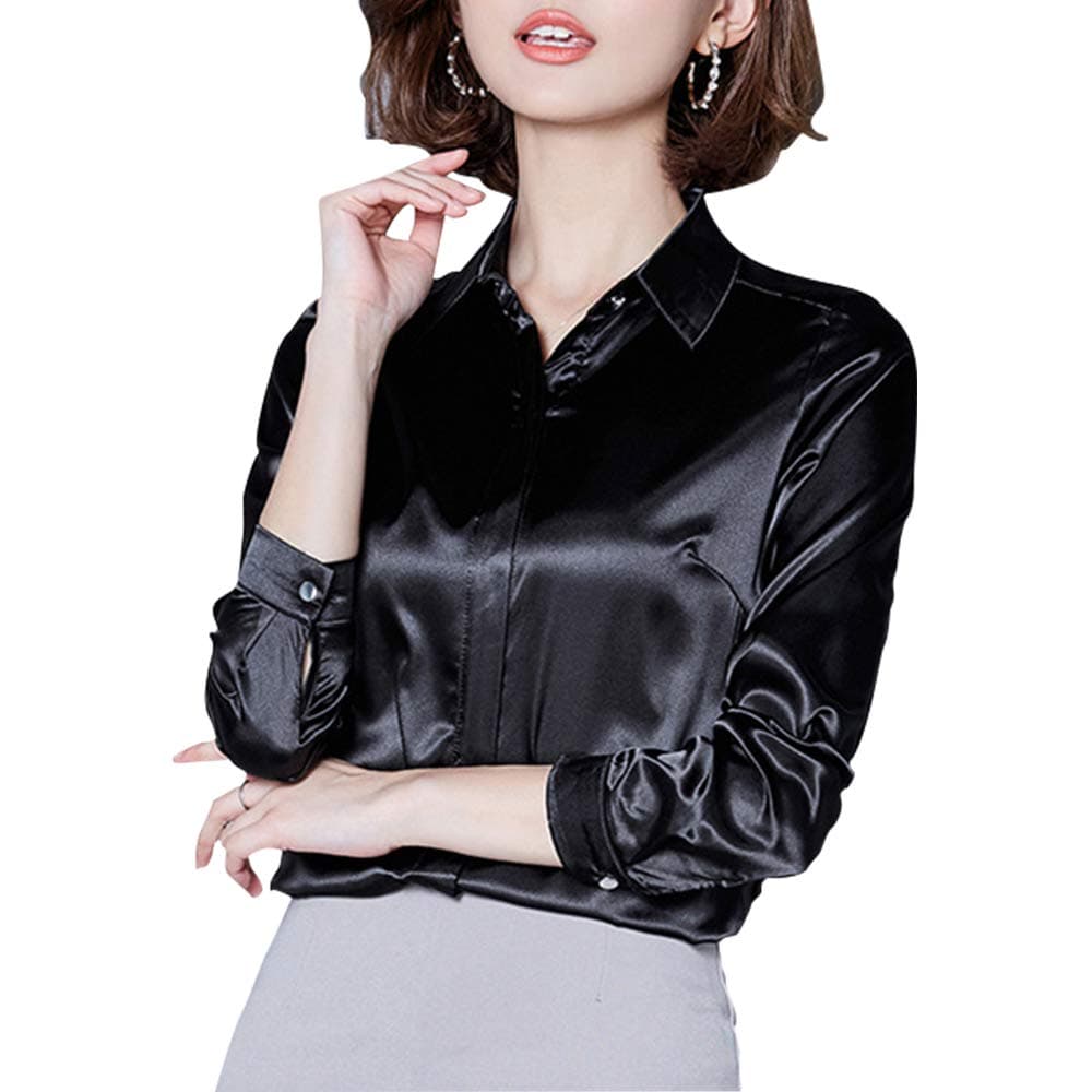 Women's Silk Blouse Long Sleeve Lady Shirt Casual Office Work Blouse Button-Down Shirts Tops