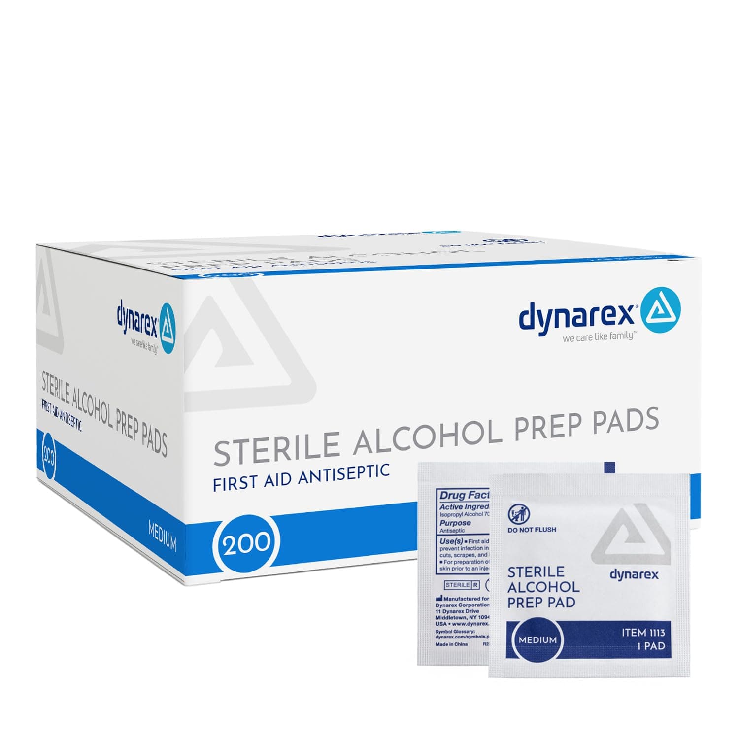 Dynarex DynaSafety Sterile Alcohol Prep Pads - Medium - 70% Isopropyl Alcohol, Individually Wrapped, Soft Cleaning Wipes - 200 per Box