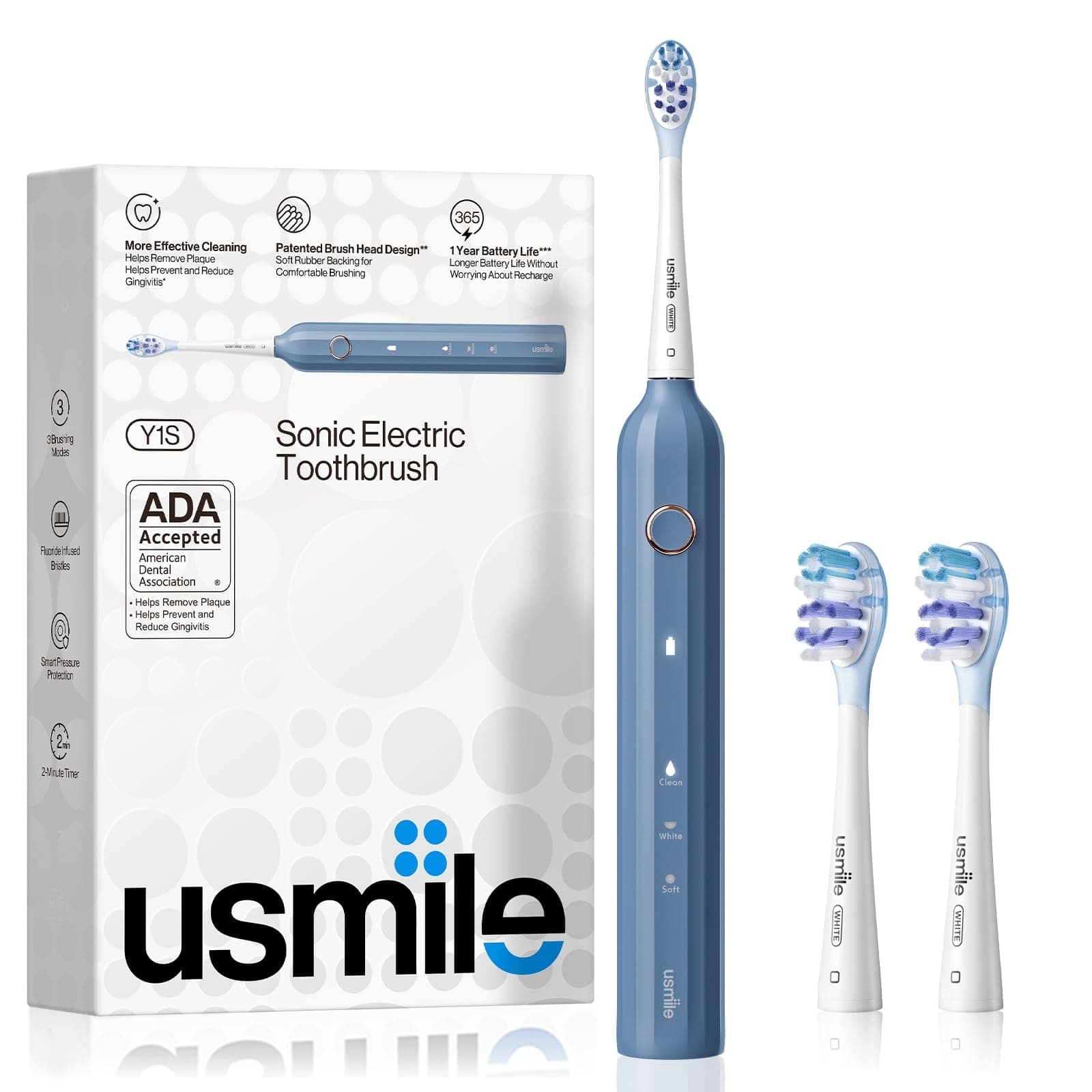 [ADA Accepted] Electric Toothbrush Adults, Type-C Rechargeable Whitening Sonic Toothbrush with 2 Brush Heads, One Charge Lasts for 365 Days, Powered Toothbrush with Smart Timer, Y1S Blue