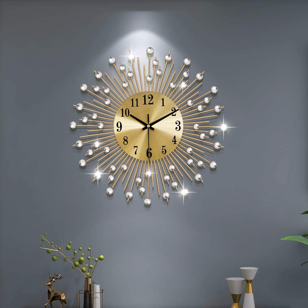 14.96 inch Wall Clock Battery Operated Round Quartz Clocks with Gold Aluminum Dial,Luxury Crystal Home Decorative for Living Room, Bedroom, Office, Coffee, Kitchen