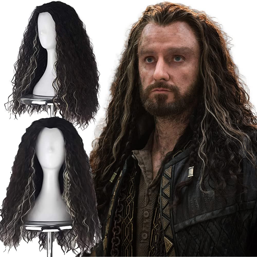 Artjosy Hobbit Thorin Oakenshield Cosplay Wigs for Men The Hobbit Men Long Hair Wigs Curly Synthetic Wigs with Braids Brown with Blonde Highlights Heat Resistant Full Machine Made for Halloween