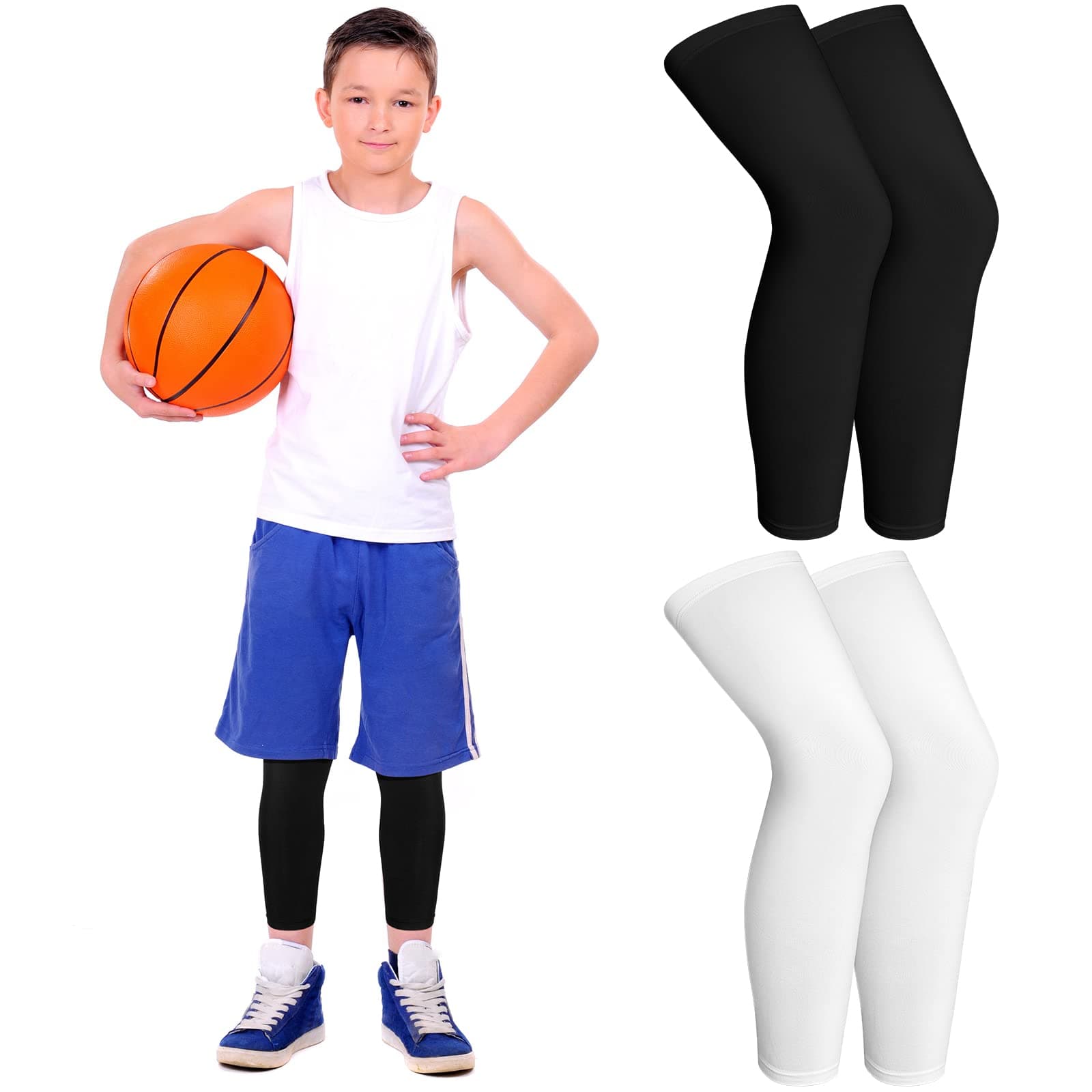 4 Pieces Kids Long Compression Leg Sleeves Non Slip UV Protection Thigh Calf for Boy Girl Youth Basketball Running Sport