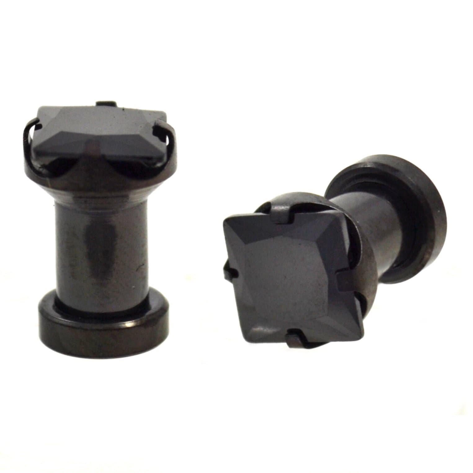 Pair (2) All Black Titanium Square Cut CZ Gem Ear Plugs Screw-Fit Tunnels Gauges- 6G 4MM