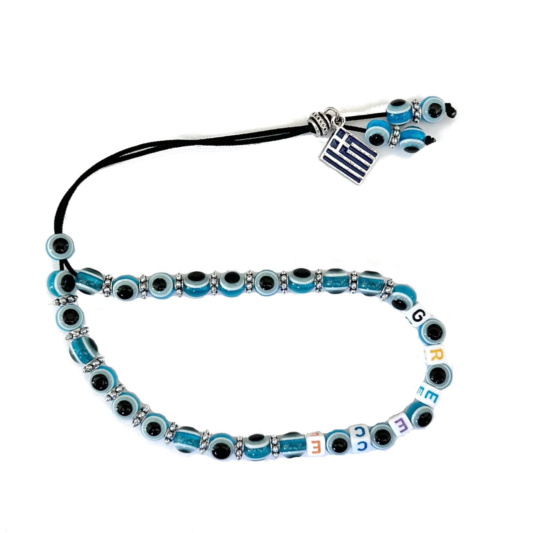 Evil Eye Worry Beads - Greek Flag Charm - “Greece” Spelled in Beads - Turquoise - 1 pc.