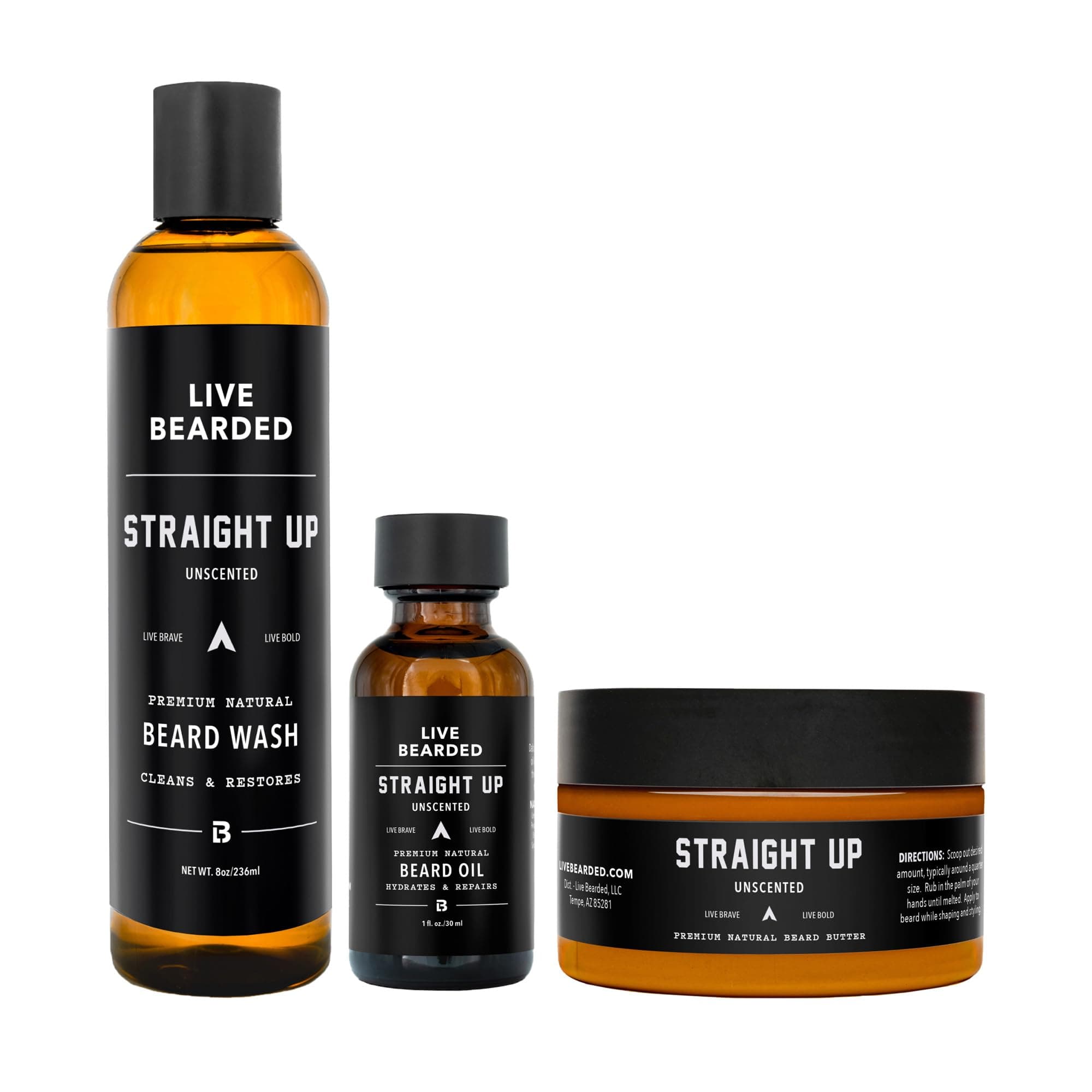 Live Bearded 3-Step Beard Grooming Kit - Wash, Oil and Butter - Made in the USA - All-Natural Ingredients with Shea, Jojoba - Growth Support | Straight Up Unscented - Fragrance-Free