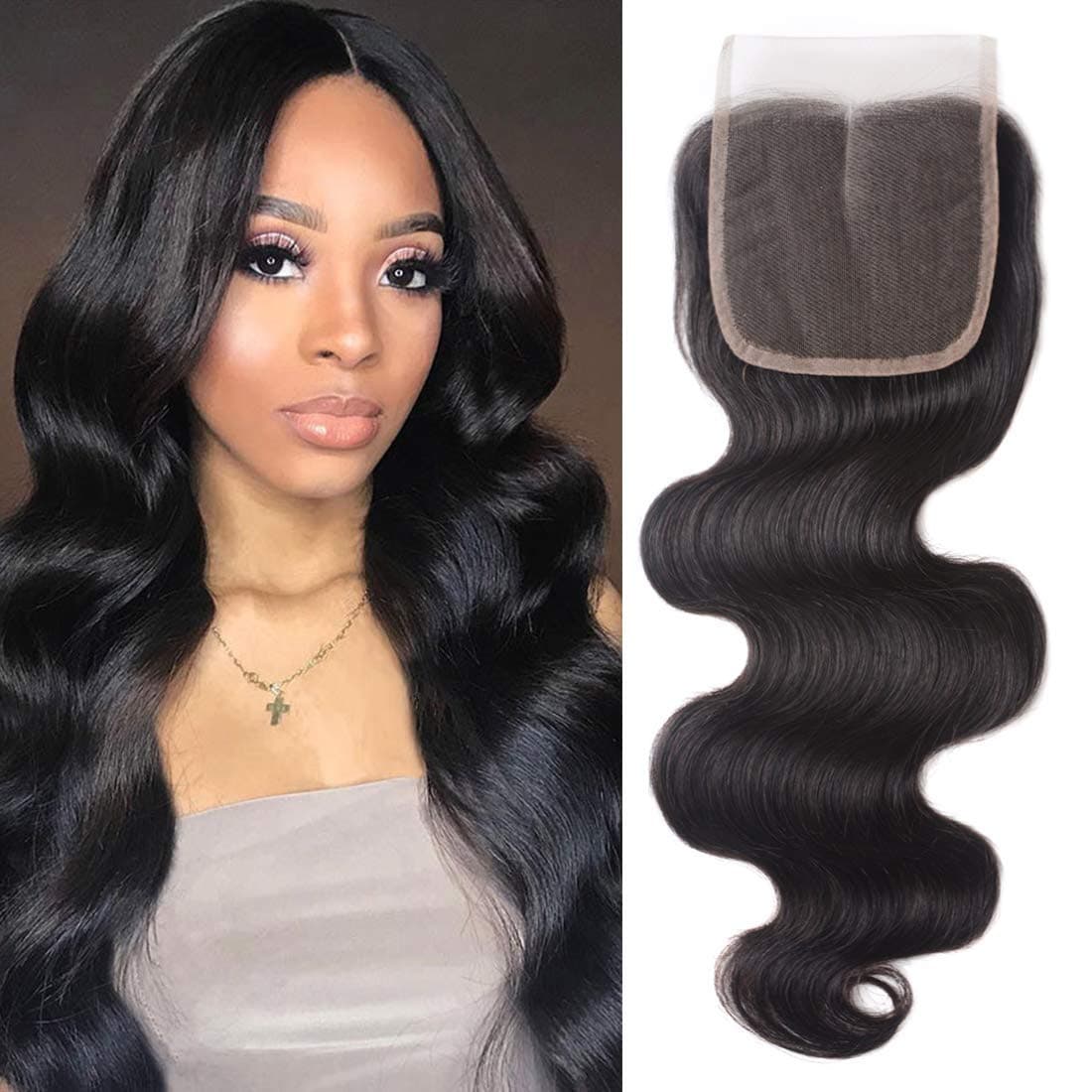 MeiQin 18" Brazilian Body Wave 4x4 Lace Closure Middle Part 8A Brazilian Virgin Human Hair 130% Density Closure with Baby Hair Unprocessed Human Hair Natural Color …