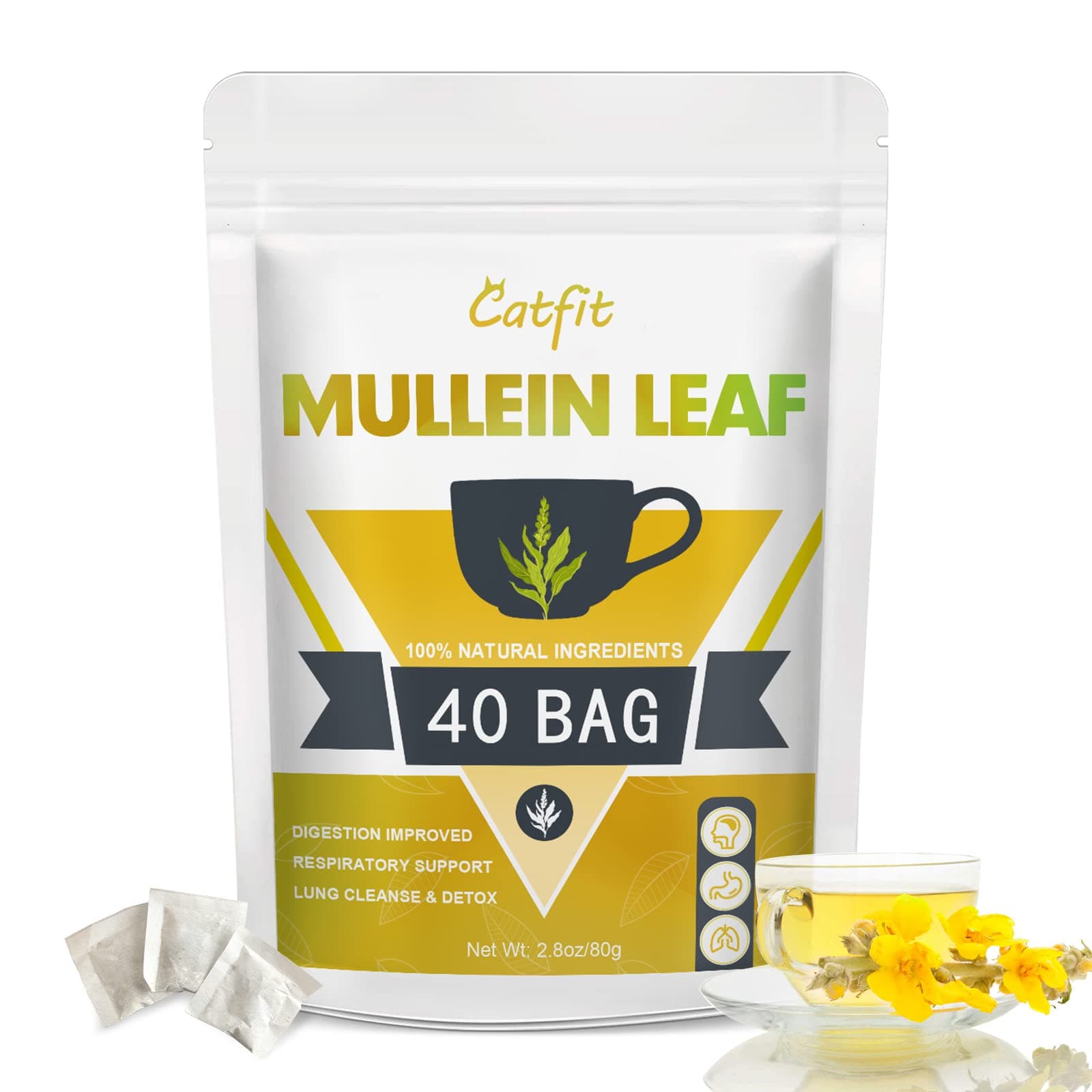 Catfit Mullein Leaf Herbal Tea for Respiratory Support, Mullen Tea for Lung Cleanse, Iymphatic Cleanse & Detox and Immune Support - No Caffeine, Non-GMO - 40 Tea Bags