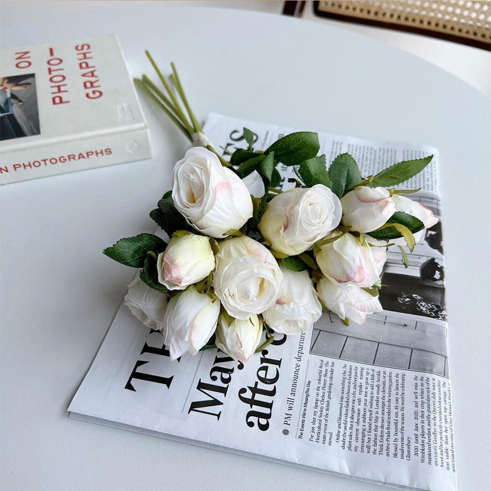 TKAS Artificial flowers Fake Flowers Bouquets Decoration Holding Flowers 12 Heads Small Roses Blooming Faux Flower for Table Home Office Wedding Party Garden Art Decor（no vase） (White)