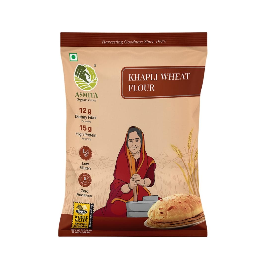 Asmita Organic Farms Khapli Wheat Flour 1kg | Low GI Emmer Wheat Atta | 100% Natural, High Fiber, Protein-Rich | Stoneground, Freshly Milled, Preservative-Free | Easy to Digest | Pack of 1