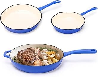 Hisencn Enameled Cast Iron Skillet - Ceramic Coated 8''/9.5''/11'' Fry Pan Set, Gas/Induction/Electric/Oven Compatible, 3 Size Frying Pans, PTFE & PFOA Free, Cast Iron Ceramic Cookware, Cobalt Blue
