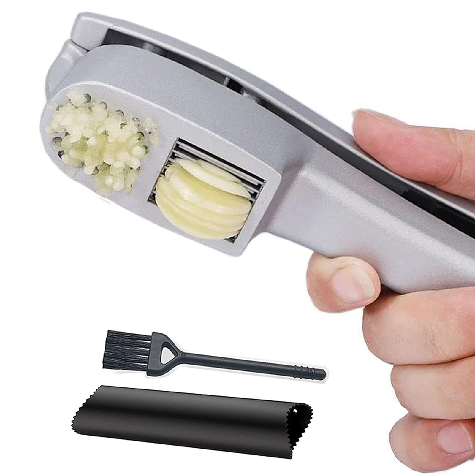 ANERONG Garlic Press, 2 in 1 Garlic Mince and Garlic Slice with Garlic Cleaner Brush and Silicone Tube Peeler Set. Easy Squeeze, Rust Proof, Dishwasher Safe, Easy Clean.