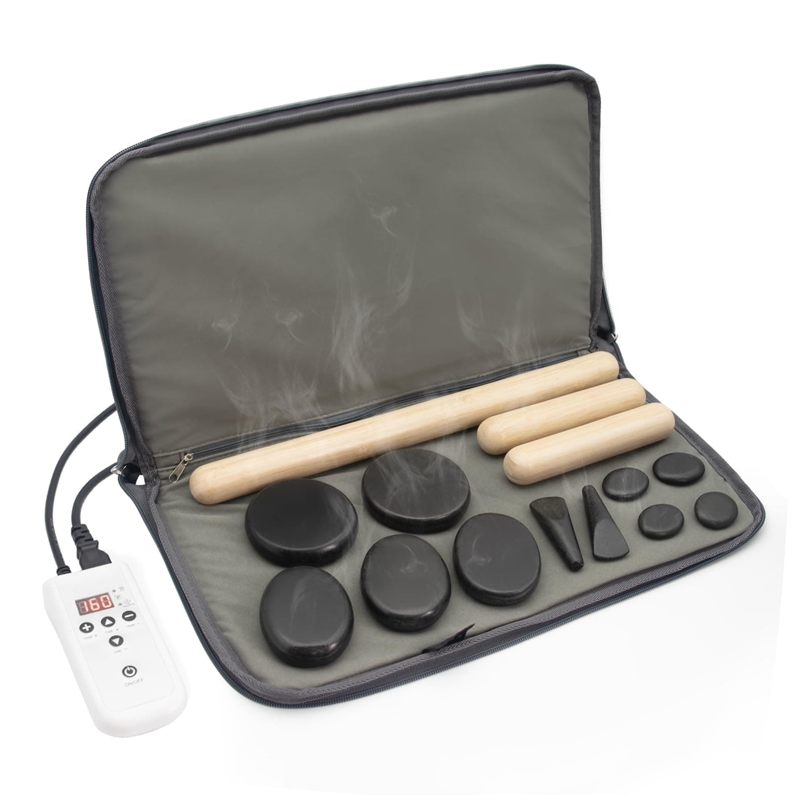 Massage Stones Set with Warmer Kit Hot Rocks Bamboo for Massage Hot Stones Massage Warmer Kit with Temperature Control and Carry Bag for Home Use (11 Stones and 3 Sticks) Suitable for Gifting