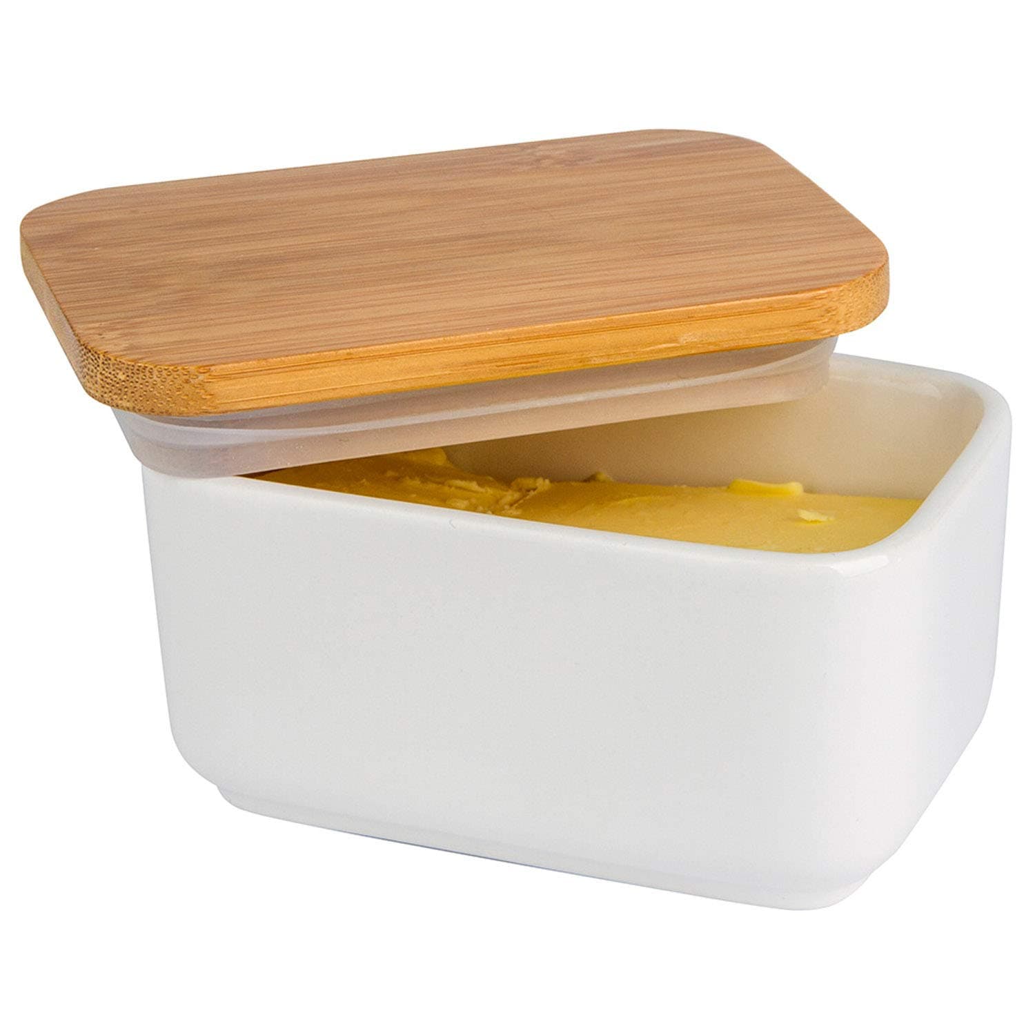Butter Dish with Lid, Porcelain Butter Dish with Bamboo Lid, Butter Keeper Butter Container with Cover for Countertop or Refrigerator, Heat Resistant Kitchen Organization Storage White (300ml)