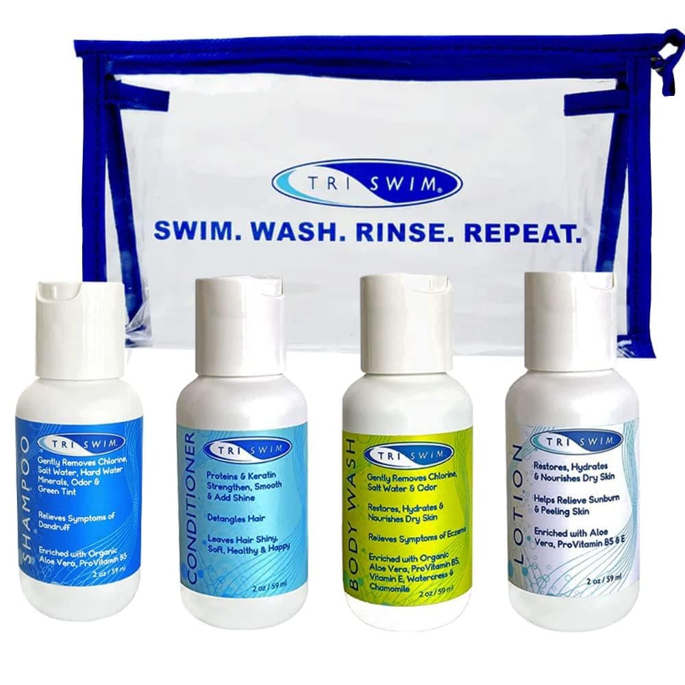 TRISWIM Shot Set in Travel Bag | 2oz Travel Size Chlorine Removal Shampoo, Swimmer’s Conditioner, Swim Body Wash and Lotion | Removes Chlorine, Bromine, Hard Water Minerals & Saltwater and odors