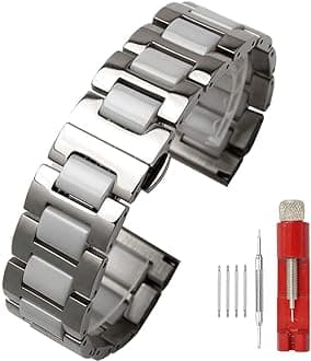 SINAIKELuxury Black White Blue Green Brown Pink Ceramic Watch Band Stainless Steel Watch Bracelets Deployment Clasp Metal Watch Strap for Men Women 14mm 16mm 18mm 20mm 22mm