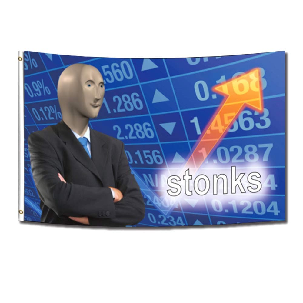 Stonks Flag 3x5 Feet Banner with Four Brass Grommets for College Dorm Room Decor，Outdoor，Parties， Man Cave