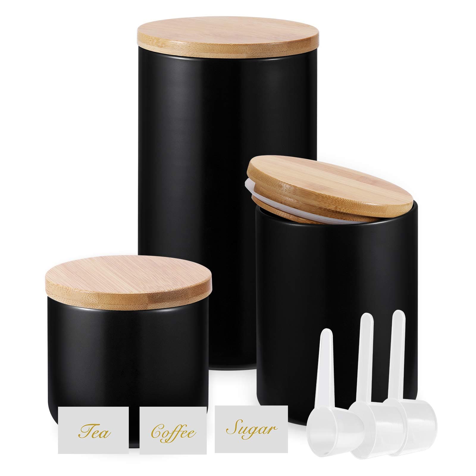 Yangbaga Black Ceramic Canister Set for Kitchen-Set of 3 Kitchen Canisters for Countertop with Airtight Wood,Large Kitchen Storage for Flour,Suger,Coffee-Modern Countertop Decor