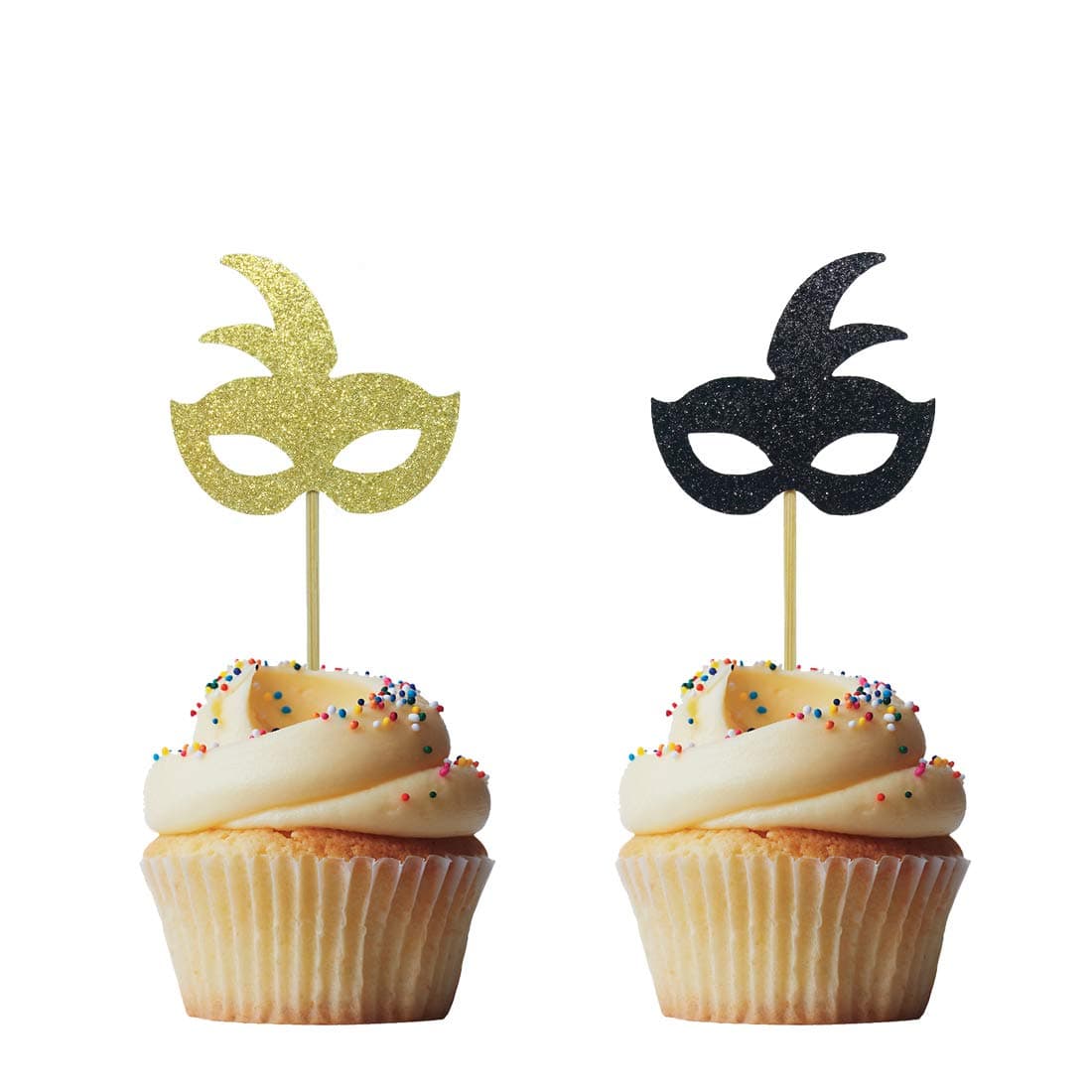 Morndew 24 PCS Gold and Black Masquerade Masks Cupcake Topper for New Year's Party Birthday Party Wedding Party Decorations