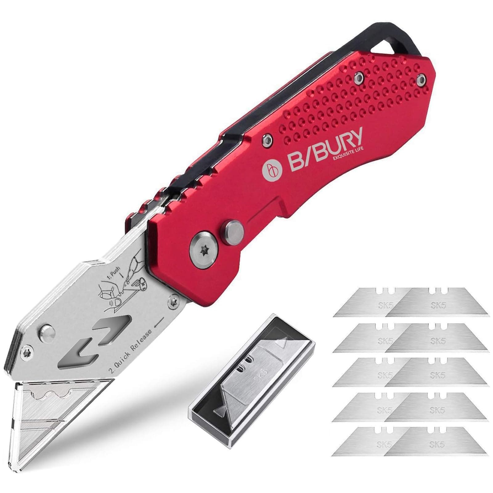 BIBURY Utility Knife, Upgraded Edition, Heavy Duty Box Cutter, Pocket Utility Knife, 10 Replaceable SK5 Stainless Steel Blades, Belt Clip, One Button Switch, Quick Change Lock Back Design