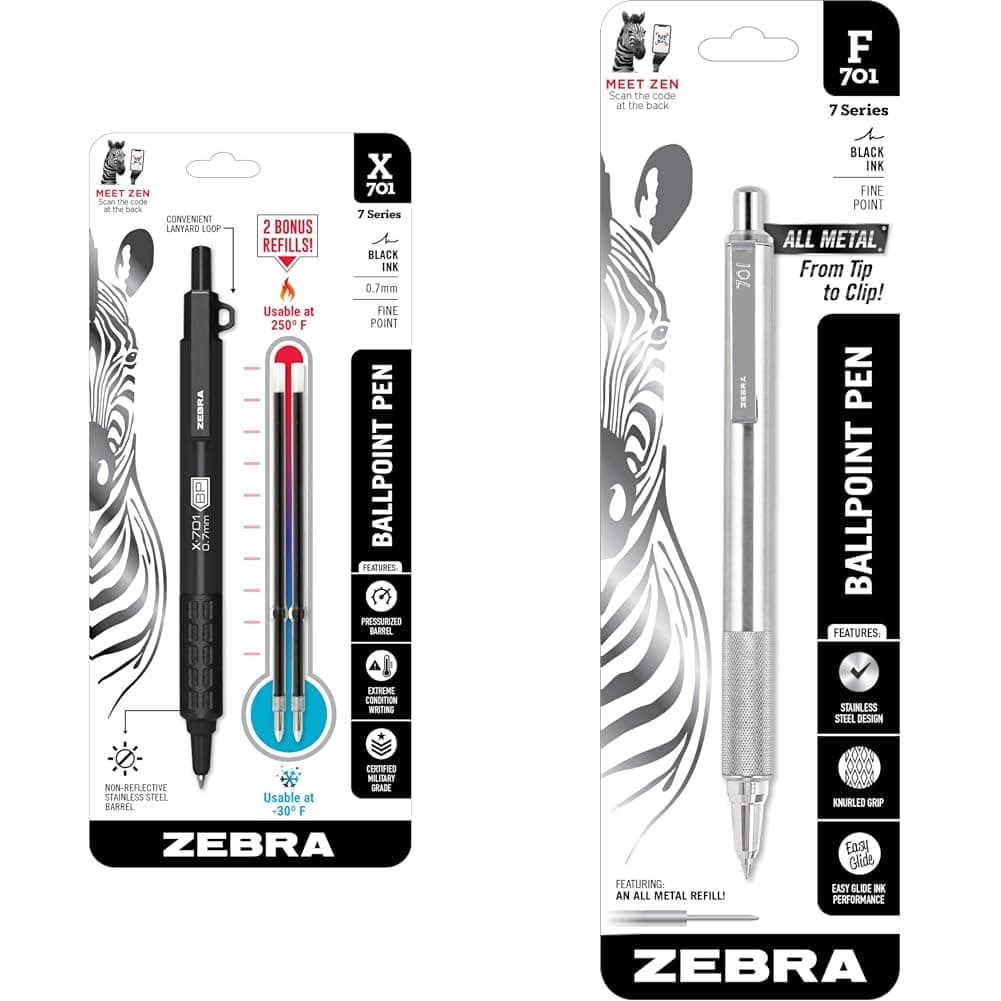 X-701 Tactical Retractable Ballpoint Pen & F-701 Stainless Steel Retractable Ballpoint Pen, Fine Point, 0.7 mm, Silver Barrel, Black Ink