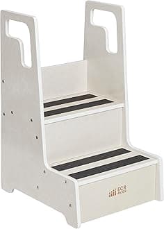 ECR4Kids Reach-Up Step Stool with Support Handles and Non-Slip Steps, Two Step Counter Height Hardwood Stepping Stool for Kids and Toddlers, White Wash