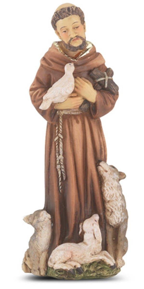 Catholic Hand Painted Resin Francis of Assisi Statue with Prayer Card, 4 Inch