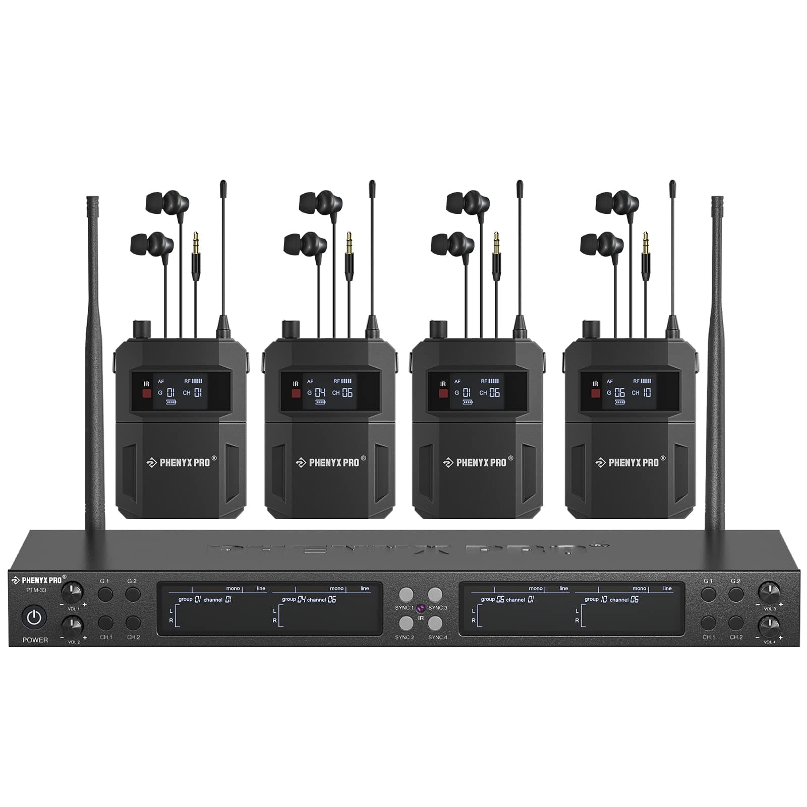 Phenyx Pro Quad-Channel Wireless in Ear Monitor System, Mono IEM System w/ 4 Bodypacks, 4x25 UHF Frequencies, Rack Mount, 164 ft Range, Wireless in Ear Monitor for Bands/Studio (PTM-33-4B)