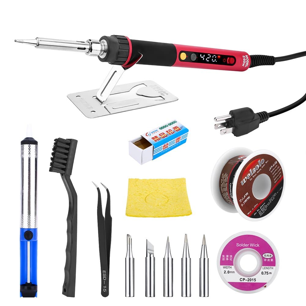 Soldering Iron Kit 60W Digital Adjustable Thermostat Temperature LCD Electronics Soldering Iron with Tips,Solder Sucker, Desoldering Wick, Solder Wire, Tweezer, Rosin, Cleaning Brush, Stand, Sponge