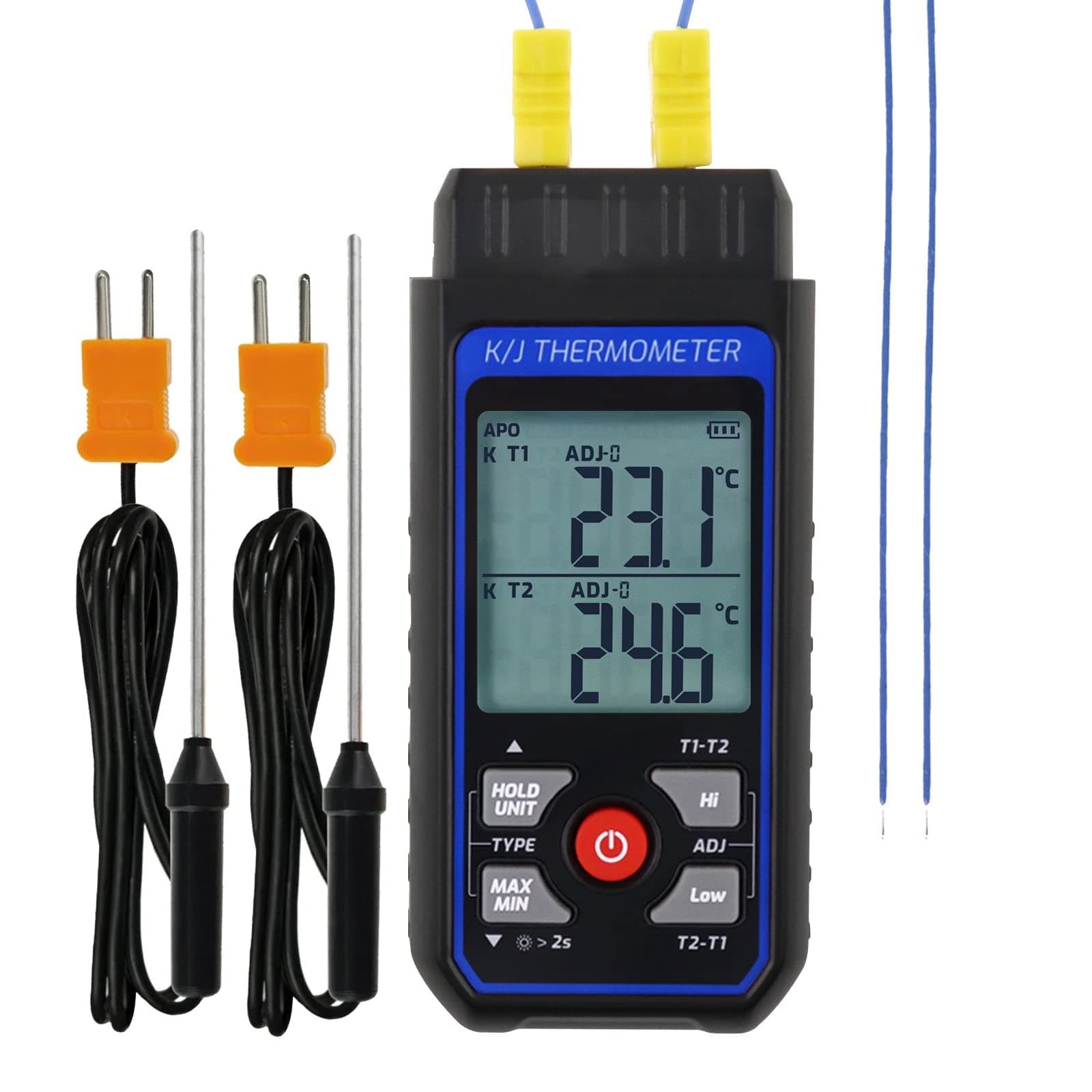 Dual-Channel K/J Thermocouple Thermometer with 4 K-Type Thermocouples -328°F ~ 2501°F Measurement Range HVAC Temperature Meter Gauge with Data Hold, MAX/MIN/AVG, Hi/Lo Backlit Alarm, ADJ Compensation