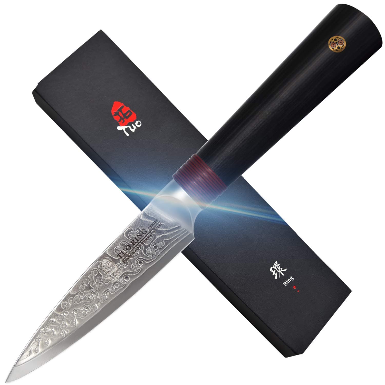 TUO Damascus Paring Knife, 3.5 inch Peeling Knife, Fruit and Vegetable Kitchen Knife, Japanese AUS-10 High Carbon Steel, Full Tang Military Grade G10 Handle, Dishwasher Safe Ring-R Series