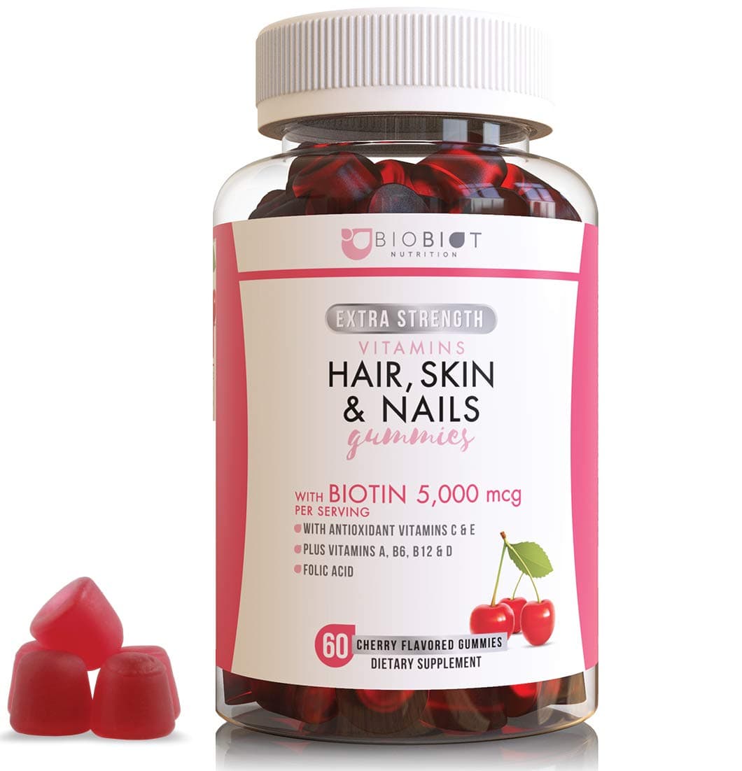 BIOBIOT Hair, Skin and Nail - 60 Flavored Gummies - Longer, Stronger, Healthier Hair Chewable Vitamin Dietary Supplements for Women & Men - 5000mcg Biotin - Multivitamins