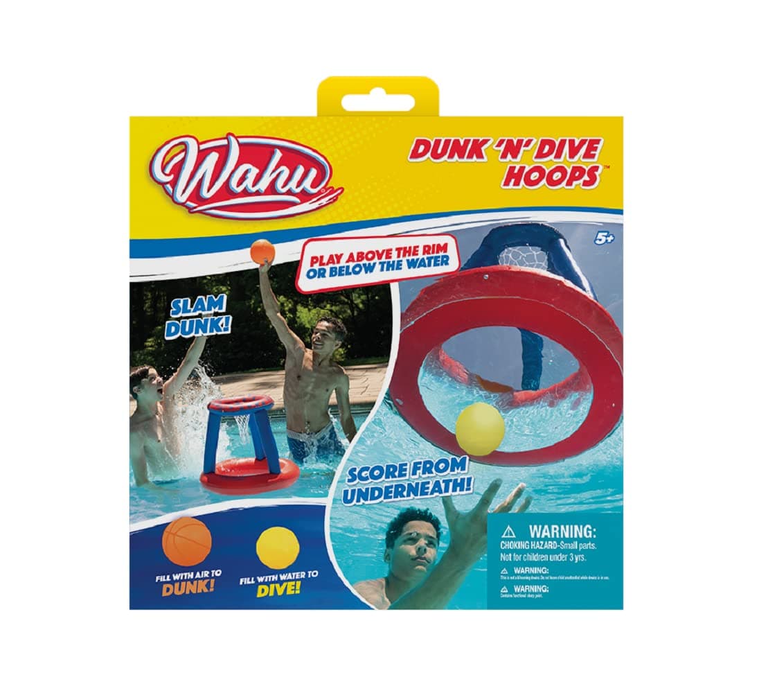 Wahu Dunk 'N' Dive Hoops Swimming Pool Basketball Game Set with Portable Hoop and 2 Basketballs, Inflatable Water Basketball Hoop Set, Multicolor