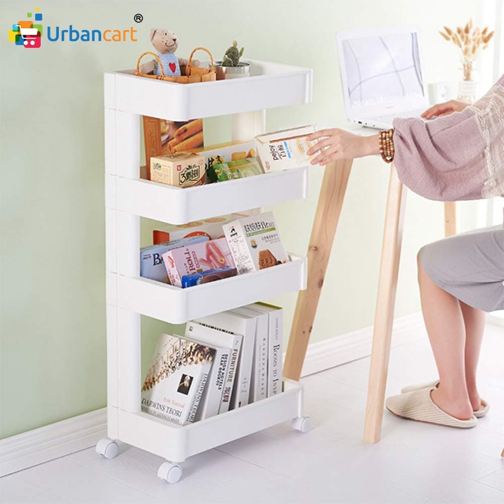 Urbancart Multi Purpose 4-Tier Kitchen Plastic Trolley Storage Shelf Rack Organizer - White