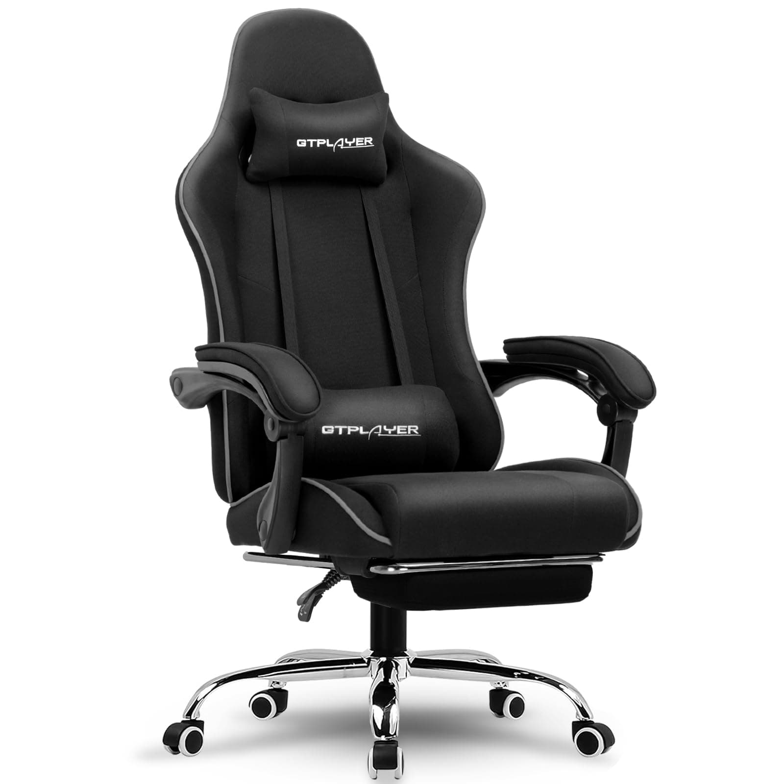 Gaming Chair, Computer Chair with Footrest and Lumbar Support, Height Adjustable Game Chair with 360°-Swivel Seat and Headrest and for Office or Gaming (Faux Leather, Black)