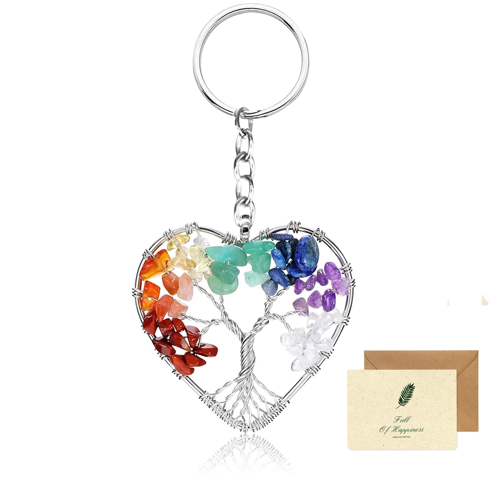 Tree of Life Keyring, Beautiful 7 Chakra Healing Crystal Tree of Life keychain Gemstone Lucky Pendant Keyrings with A Card for Couple Lover Mother and Friends
