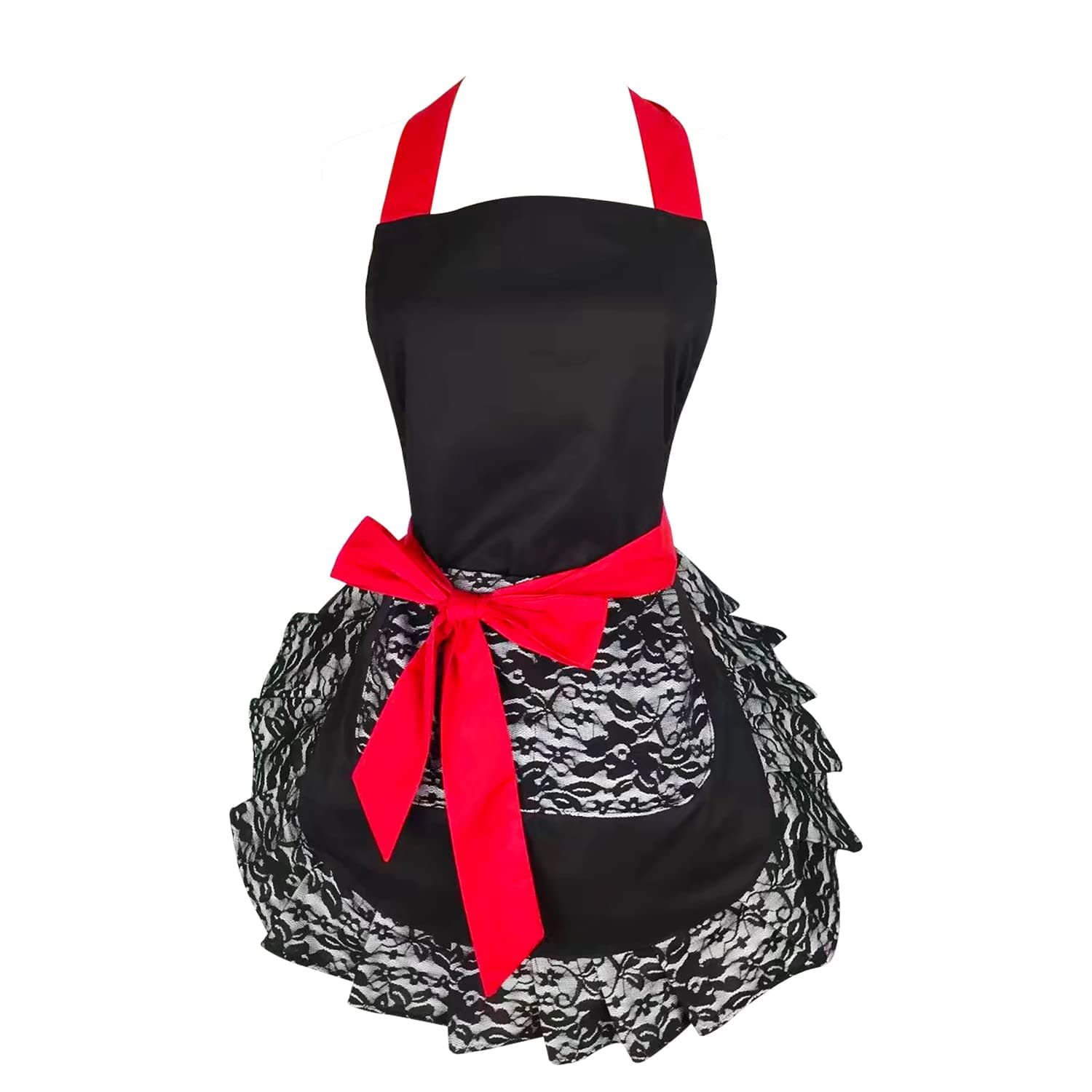 Floosum Black Lace Flirty Apron with Pocket, Fun Retro Sexy Cooking Pinup Aprons for Women Girls