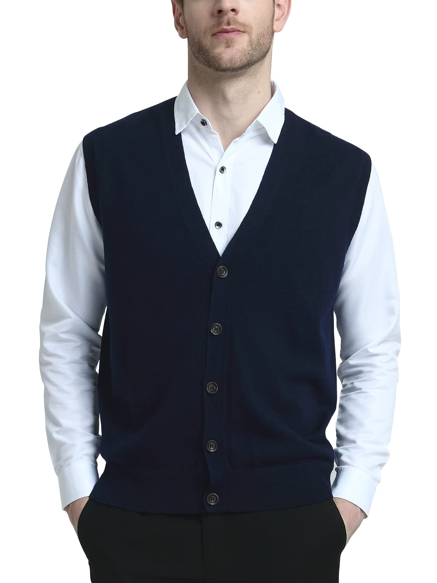 Kallspin Men's Sweater Vest Cashmere Wool Blended V Neck Sleeveless Button Cardigan Sweater