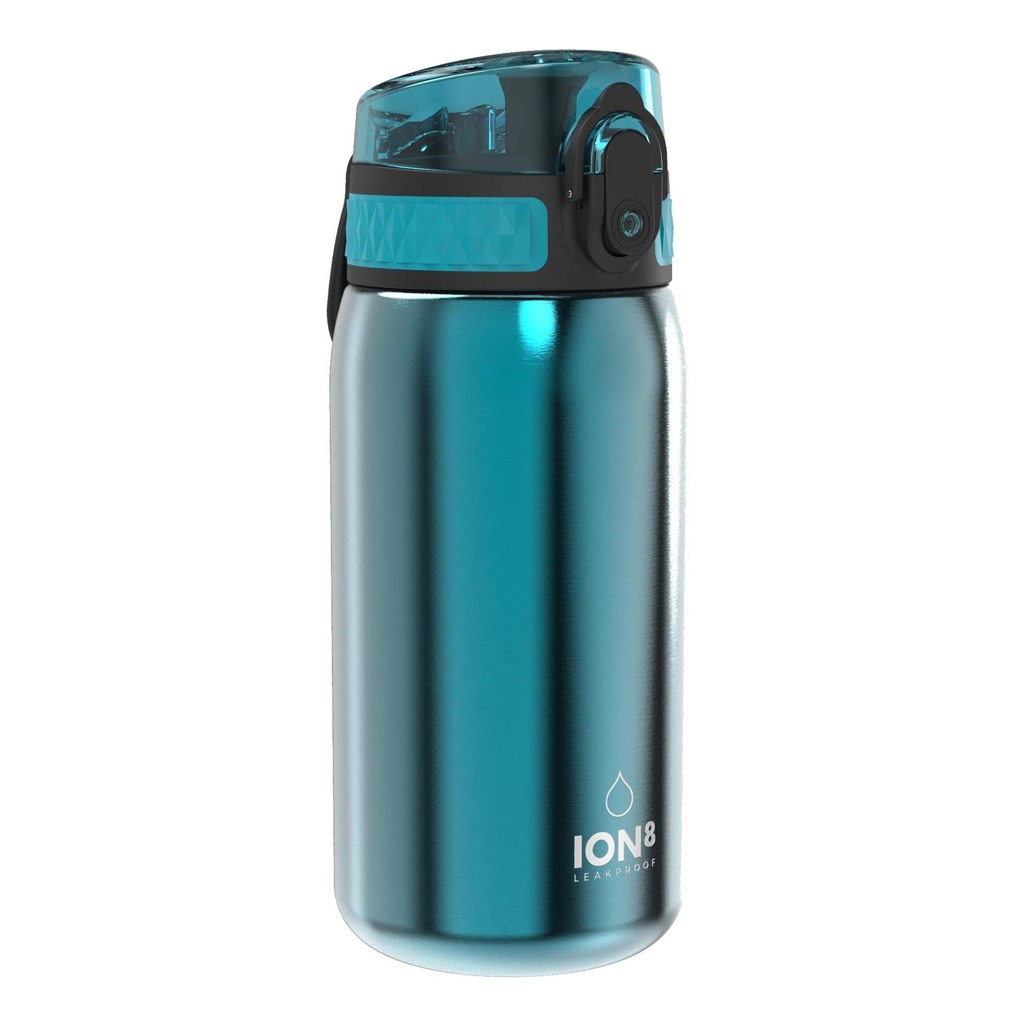 Ion8 Lightweight Steel Kids Water Bottle, 400ml/13oz, Non-Insulated, Leak Proof, Easy to Open, Secure Lock, Dishwasher Safe, Fits Cup Holders, Carry Handle, Metal Water Bottle