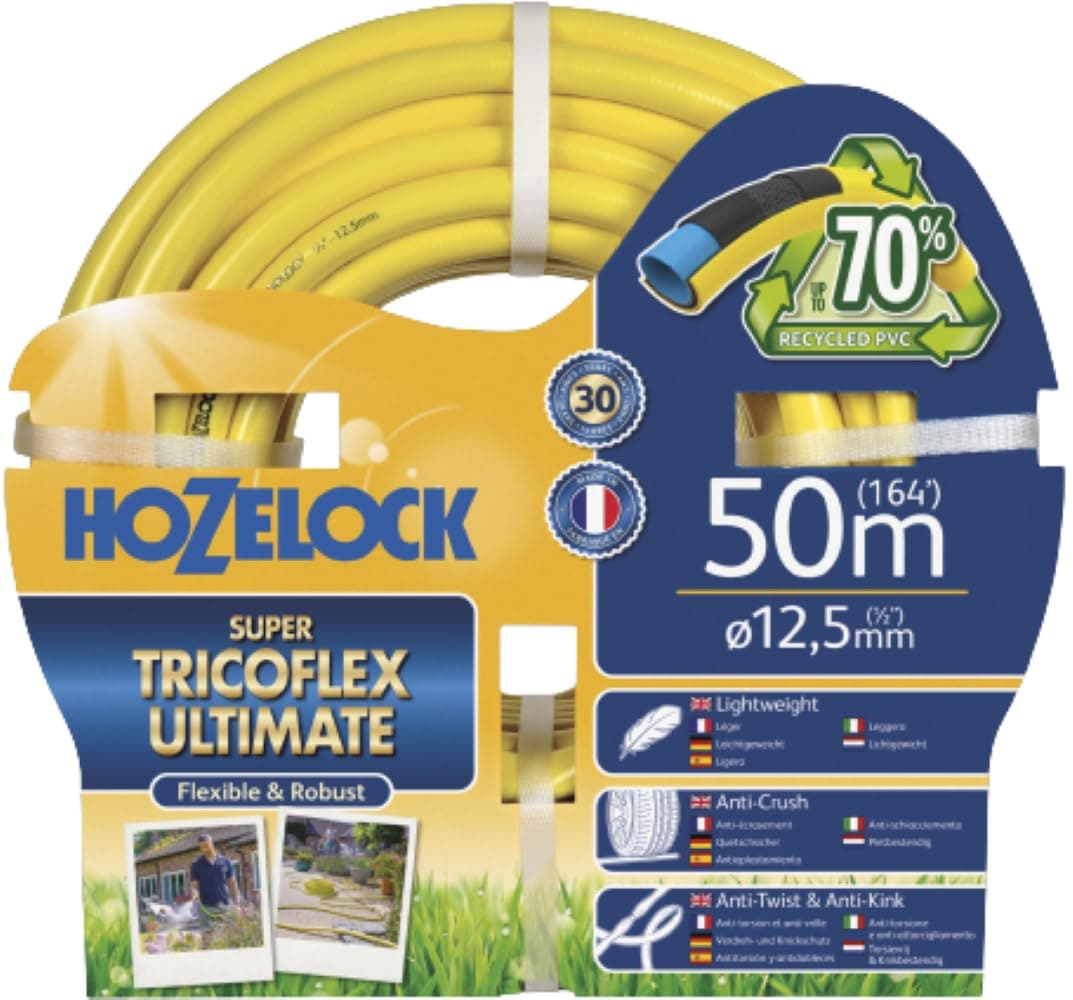 HOZELOCK - Ultimate Hose 12.5mm x 50m, Up To 70% Recycled PVC, Ultra-Light and Flexible, Re-Enforced PVC Layering, Anti-Twist and Anti-Crush Technology [7850P0000], Yellow