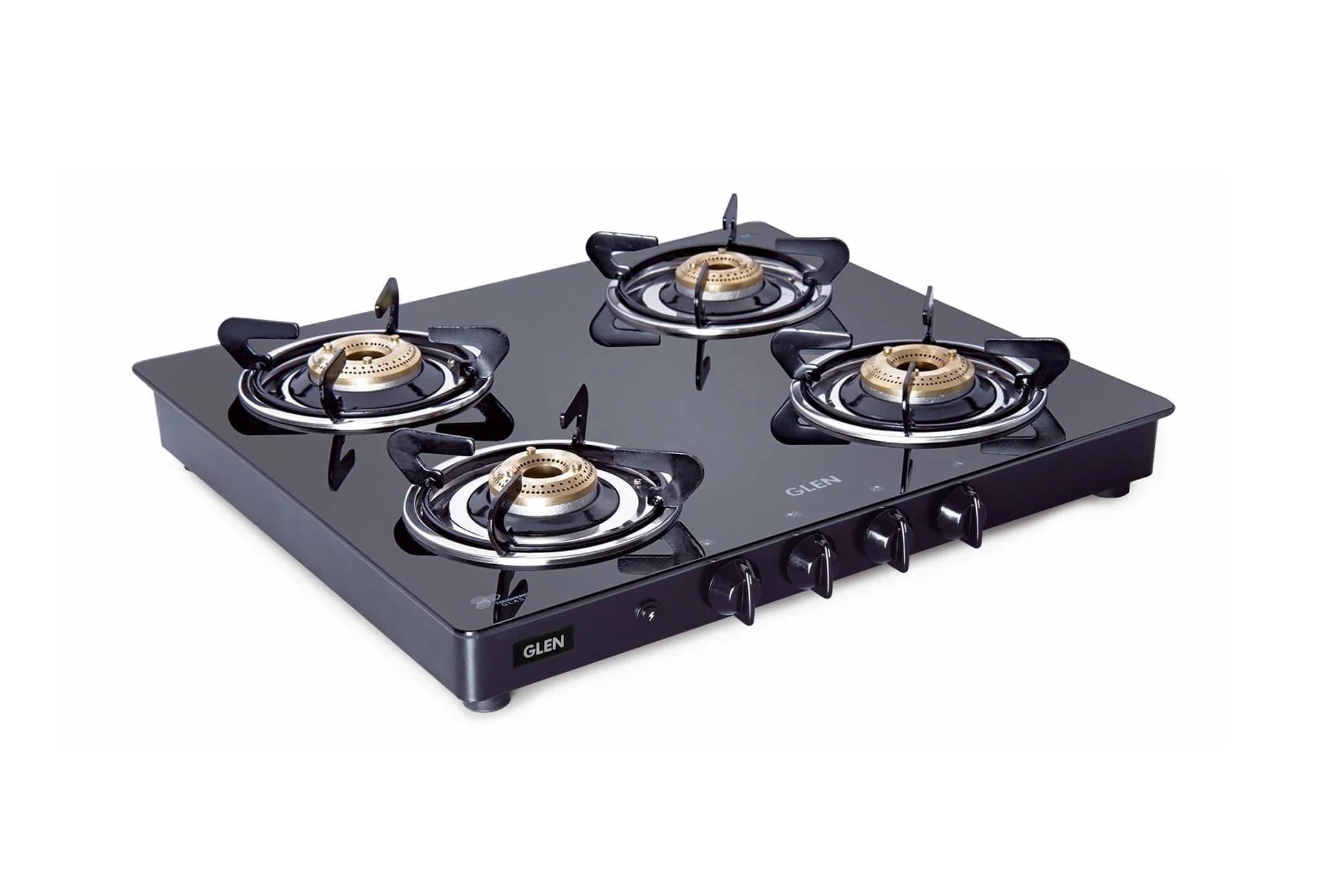 Glen Gas Stove 4 Burner Toughened Glass Top LPG Gas Stoves | Fuel Efficient Auto Ignition Brass Burners Black | 360 Degree Revolving Nozzle | 2 Year Warranty (1041 GT BB BL AI)