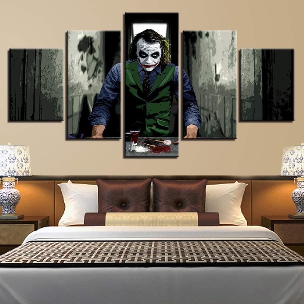 OJKYK Heath Ledger The Joker Canvas Prints Painting Poster Wall Art 5 Piece Modern Artwork for Boys Room Bedroom Decoration, No Frame,E,20x35x2+20x45x2+20x55x1