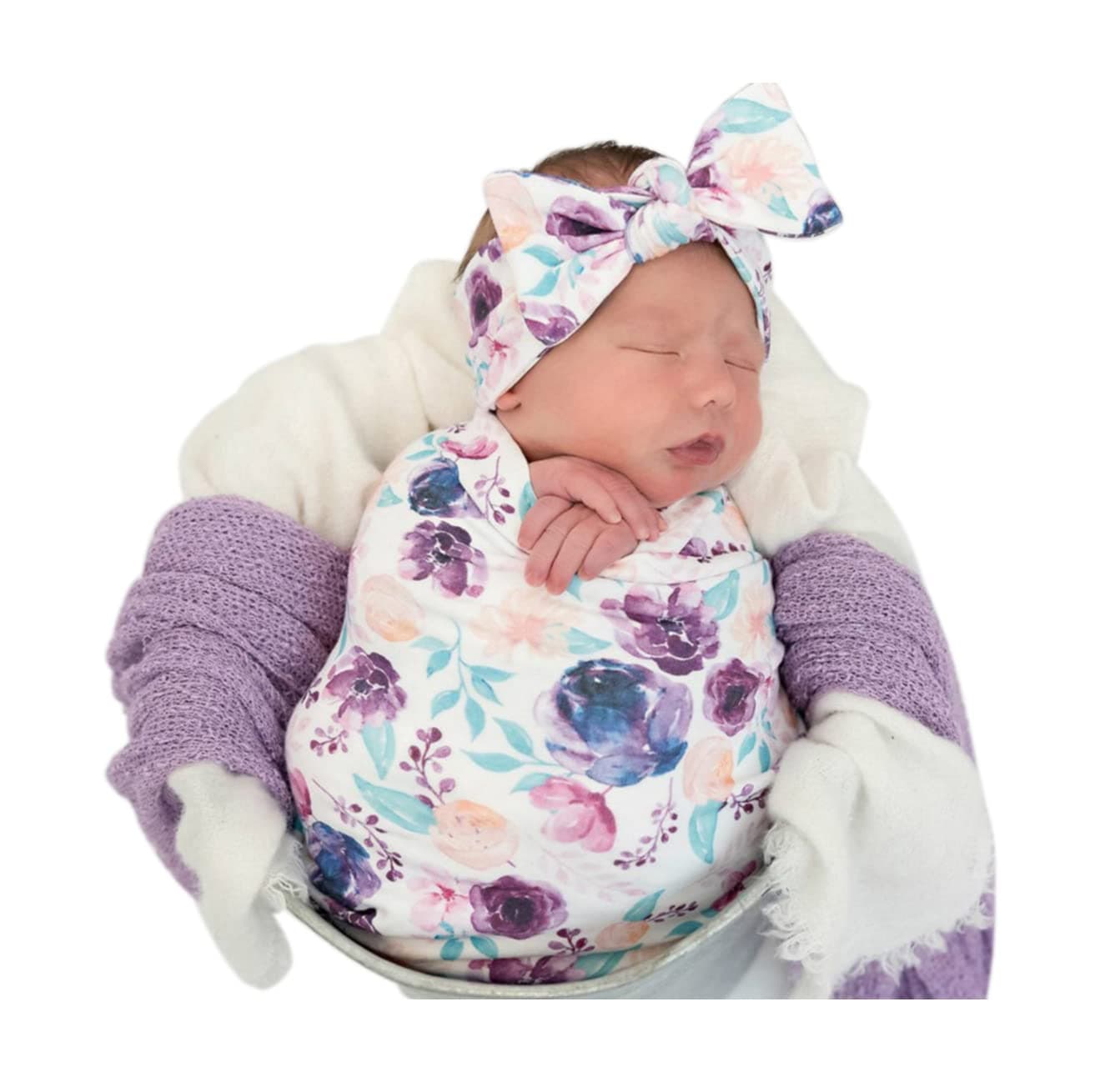 Newborn Floral Print Blanket Baby Stretch Wrap Swaddle Receiving Blanket with Matching Headband and Beanie