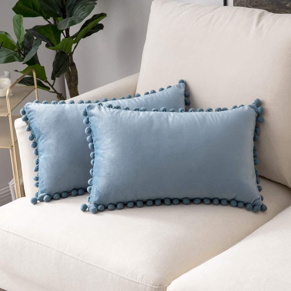 Woaboy Decorative Pillow Covers 12x20 Blue Throw Pillows Pack of 2 Cozy Soft Pom-poms Velvet Couch Pillow Covers Home Decor for Farmhouse Cushion Sofa Bedroom