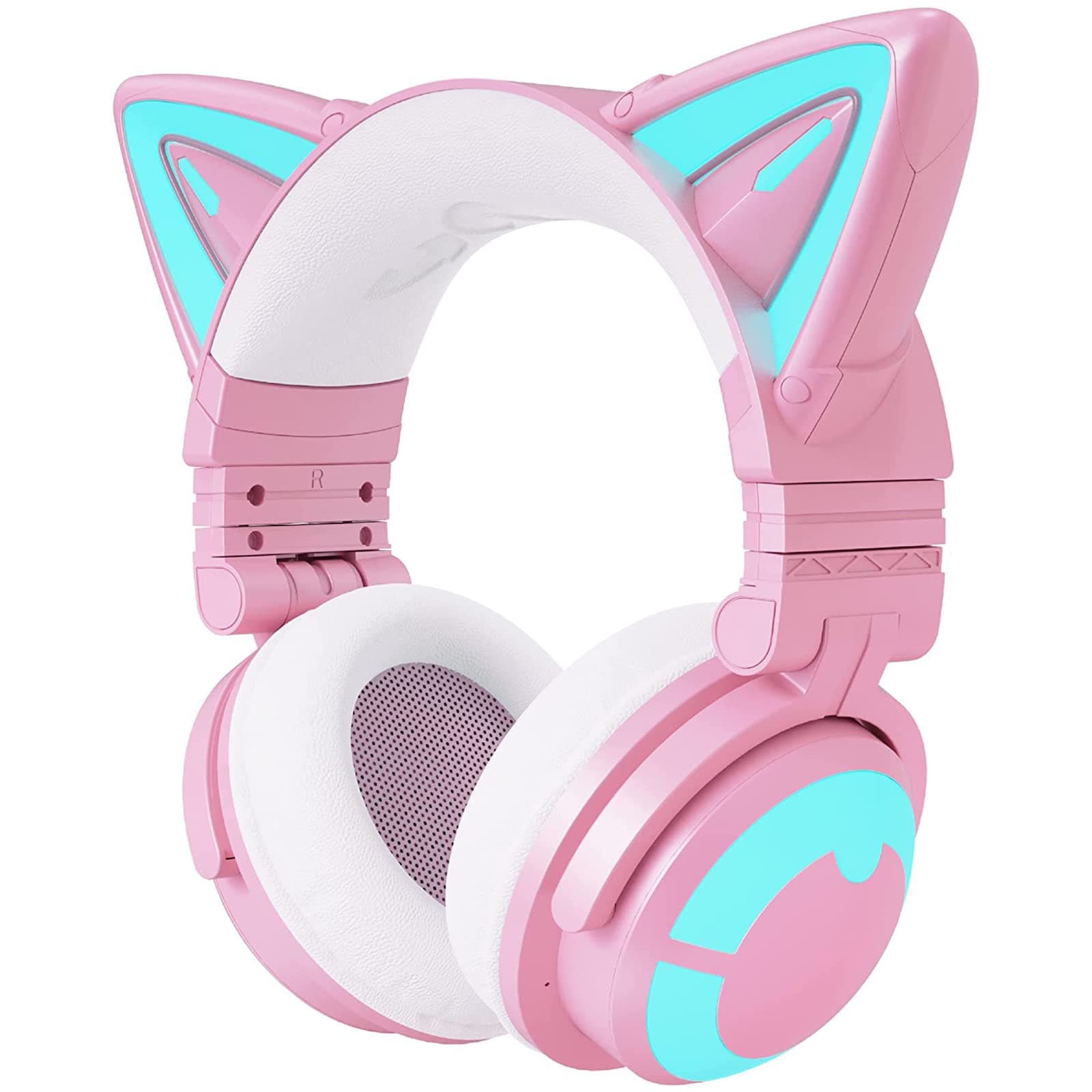 YOWU Cat Ear Headphones 3G, RGB Wireless/Wired 5.0 Foldable Gaming Headset with 7.1 Surround Sound, Built-in Mic & Customizable Lighting and Effect via APP(Pink)