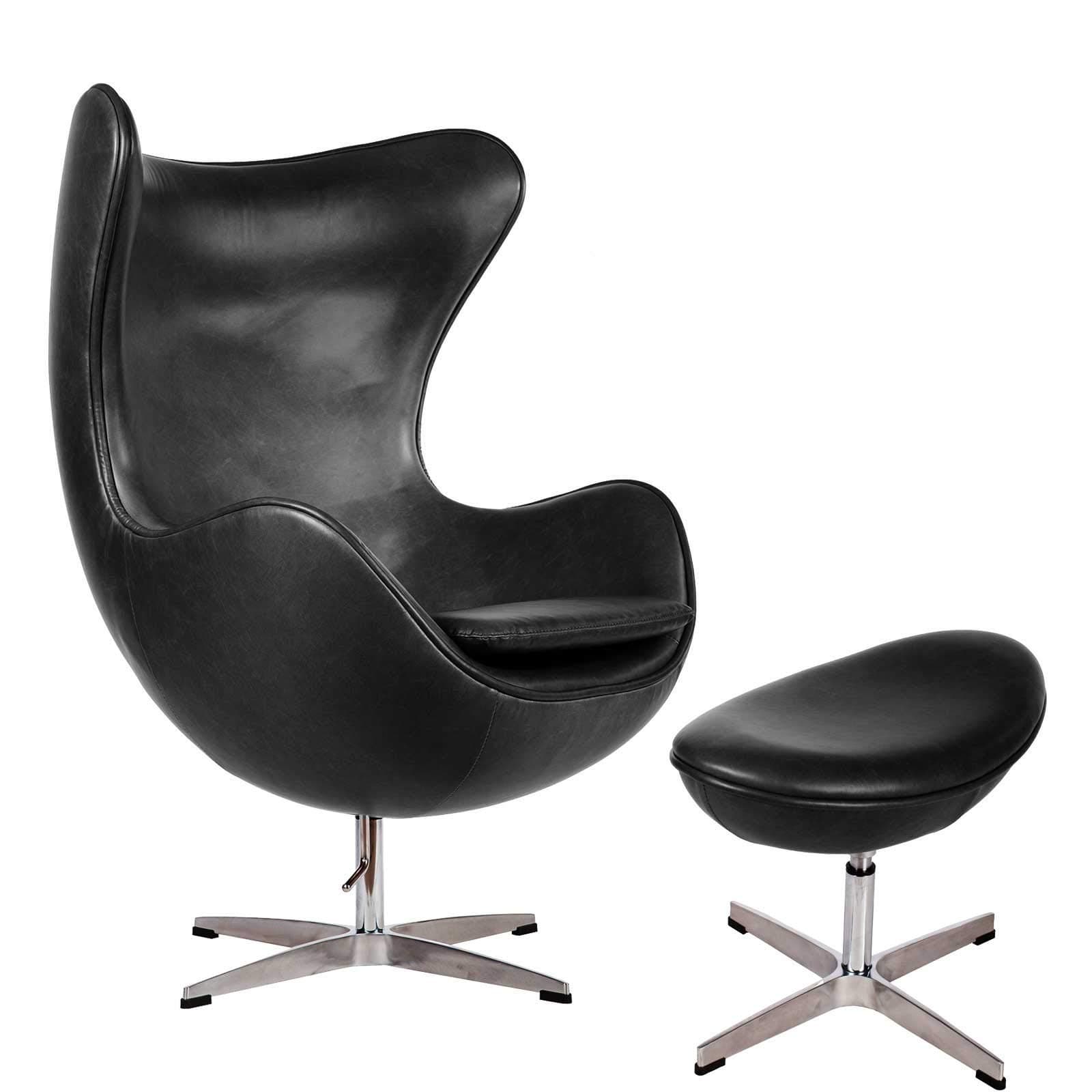 Mid Century Modern Classic Arne Jacobsen Style Egg Replica Lounge Chair with Premium Vintage Black Leather Fiberglass Inner Shell and Polished Aluminium Frame with Matching Ottoman