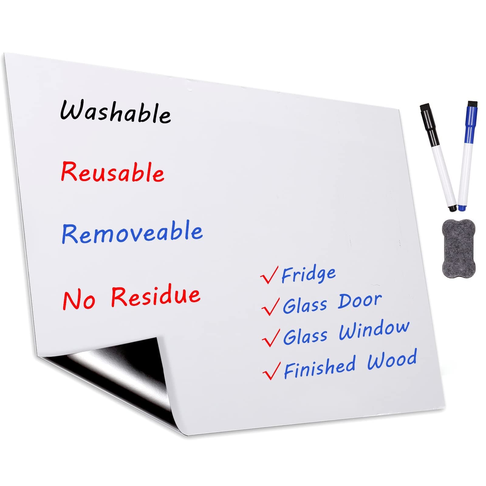 Dry Erase Whiteboard Sticker for Fridge, 16.5×11.7in Removable Whiteboard Sheet for Non-Magnetic Stainless Steel Glass Door w/ 2 Markers & 1 Eraser, Washable Sticky Note, No Residue, Any Shiny Surface