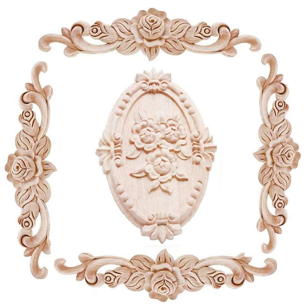 Wood Carved Applique Onlay Unpainted Corner Onlay Applique Door Cabinet Rose Unpainted European Style (20x5cm/7.87x1.97inch)