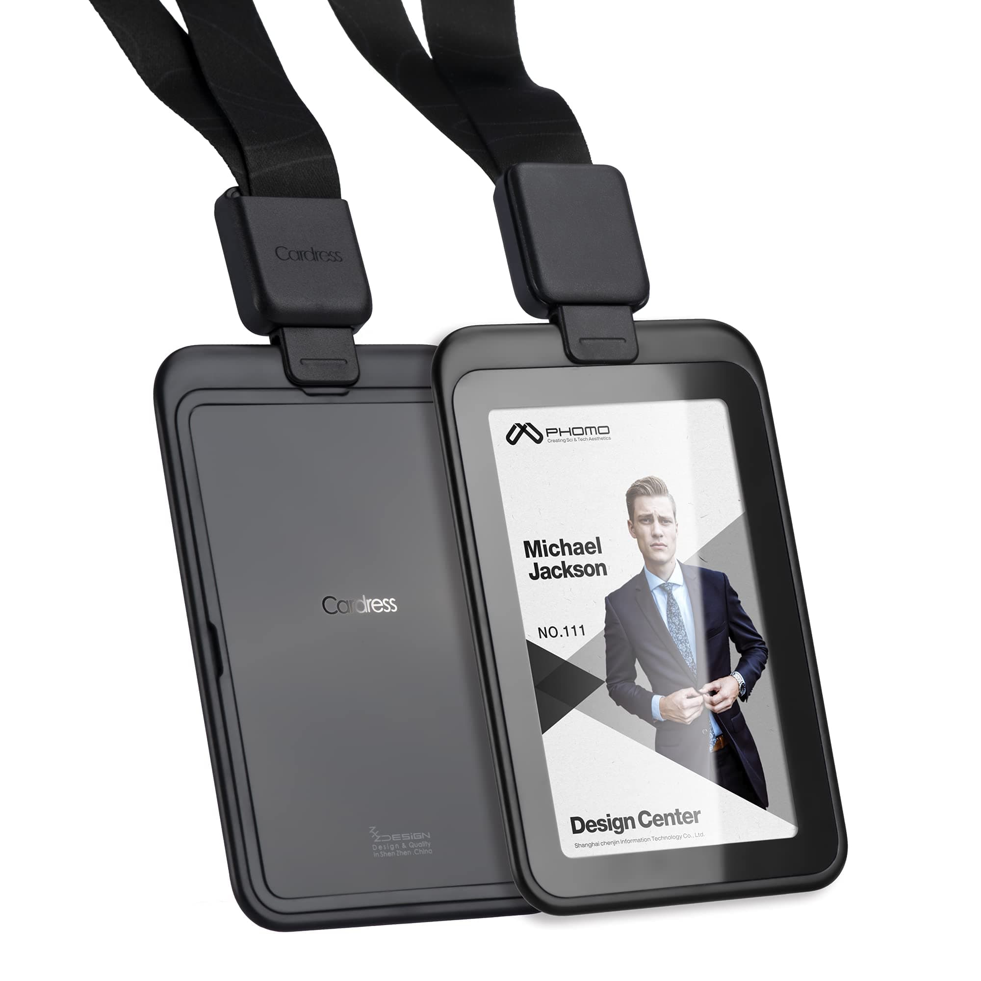 Phomo Self Retractable ID Badge Holders with Carabiner Reel Clip and Badge Lanyard, Heavy-Duty ID Card Holder for Neck, Vertical Style Transparent Hard Accessories Clear, (Holds 1to 2 Cards) (Black)